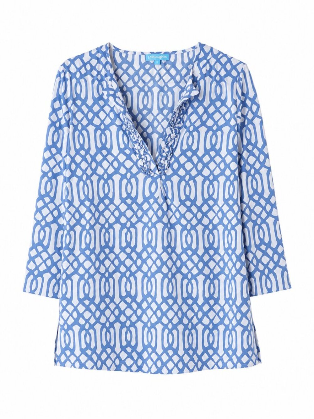 J.McLaughlin Blue White Geometric Cotton Tunic Ruffle Neck, Small